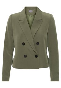 Olivově zelené dvouřadé sako s výstřihem do klopy, černými knoflíky a dlouhými rukávy. Hladká látka s pevnou strukturou.