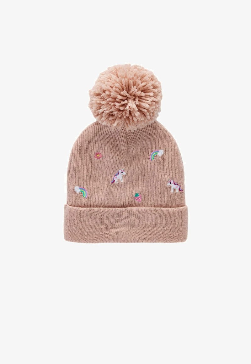 Minkštas rožinis megztas kepuraitė su dideliu pom-pomu viršuje. Siuvinėjimo detalės apima vienaragius, vaivorykštes, gėles ir braškes.