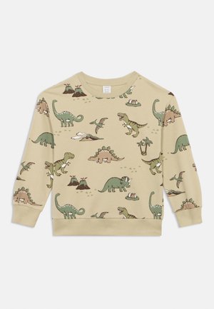Beige sweatshirt featuring a dinosaur print in green, brown, and cream, with varying dinosaur species, volcanoes, and palms. Long sleeves.