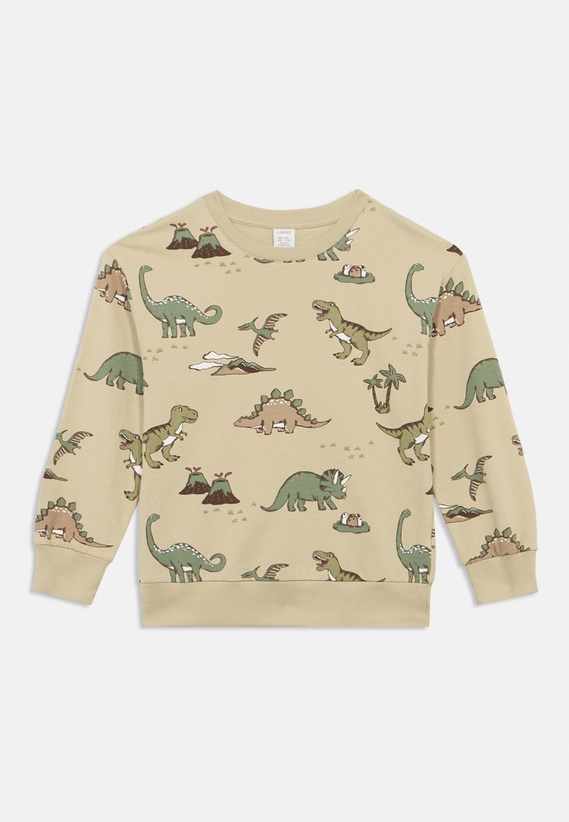 Μπεζ φούτερ με εκτύπωση δεινοσαύρων σε πράσινο, καφέ και κρεμ, με διάφορα είδη δεινοσαύρων, ηφαίστεια και φοίνικες. Μακριά μανίκια.