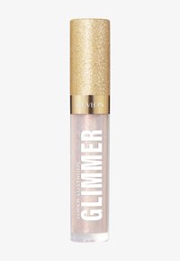 Błyszczyk Revlon Super Lustrous Glimmer w przezroczystej tubce z błyszczącą złotą zakrętką, z białym napisem i lśniącym, perłowym wykończeniem.