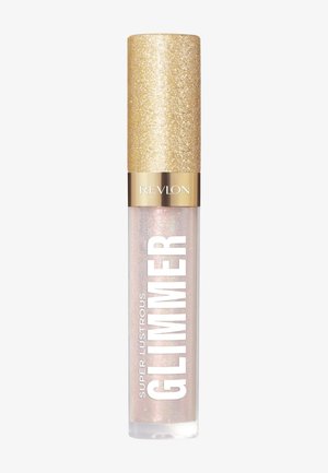 Błyszczyk Revlon Super Lustrous Glimmer w przezroczystej tubce z błyszczącą złotą zakrętką, z białym napisem i lśniącym, perłowym wykończeniem.
