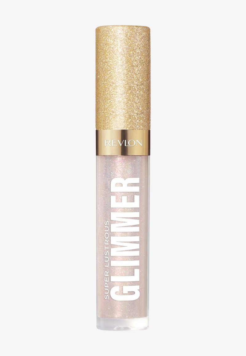 Błyszczyk Revlon Super Lustrous Glimmer w przezroczystej tubce z błyszczącą złotą zakrętką, z białym napisem i lśniącym, perłowym wykończeniem.