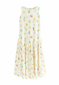 Robe légère sans manches avec une jupe à volant, présentant un imprimé tropical de fruits, de crabes et de palmiers sur un fond crème.