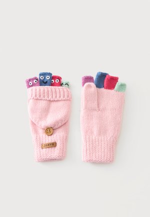 Pink knitted convertible gloves with colorful finger puppets showing faces on one glove's fingertips.