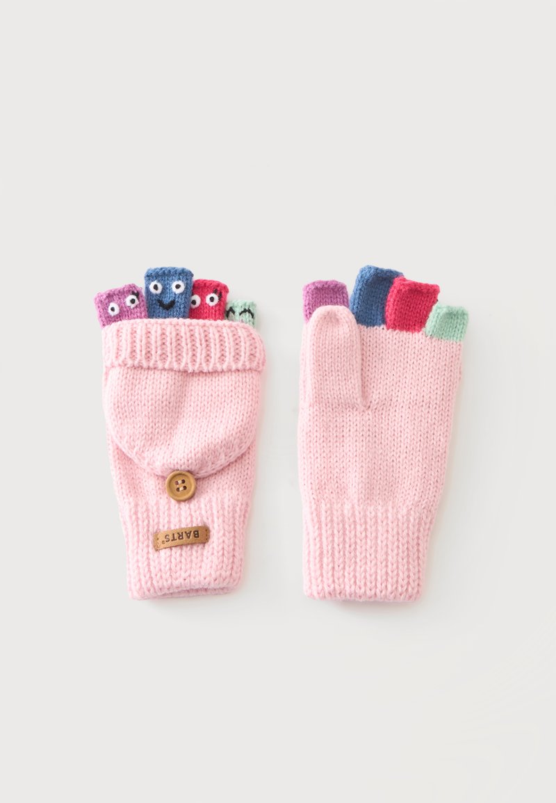 Gants convertibles tricotés roses avec des marionnettes colorées aux doigts montrant des visages sur les bouts des doigts d'un gant.