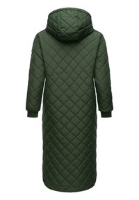 Abrigo acolchado con capucha de color verde oscuro, de largo completo, con patrones de diamante y puños elásticos. Vista trasera mostrada.