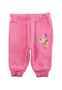 Pantalon de survêtement rose avec taille élastique, poignets côtelés et accents de broderie florale en violet et jaune. Tissu en coton doux.