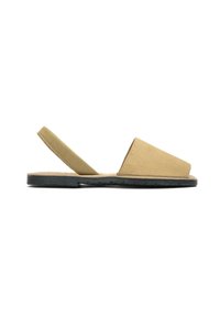 Tan suede sandals with a wide, open toe and a small heel. Features a slingback strap and a textured black rubber sole.