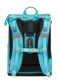 Türkiser Rucksack mit Netzrückenstütze, verstellbaren Riemen, grauen Akzenten und einem Tragegriff oben. Verfügt über mehrere Größenindikatoren auf der Rückseite.