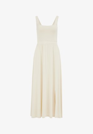 Rochie maxi fără mâneci, de culoare crem, cu decolteu pătrat, talie strânsă, țesătură fluidă și fanta laterală pentru libertate de mișcare. Textură netedă și ușoară.