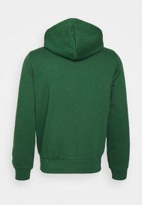 Sweat-shirt à capuche vert foncé vu de dos avec manches longues et poignets et ourlet côtelés.