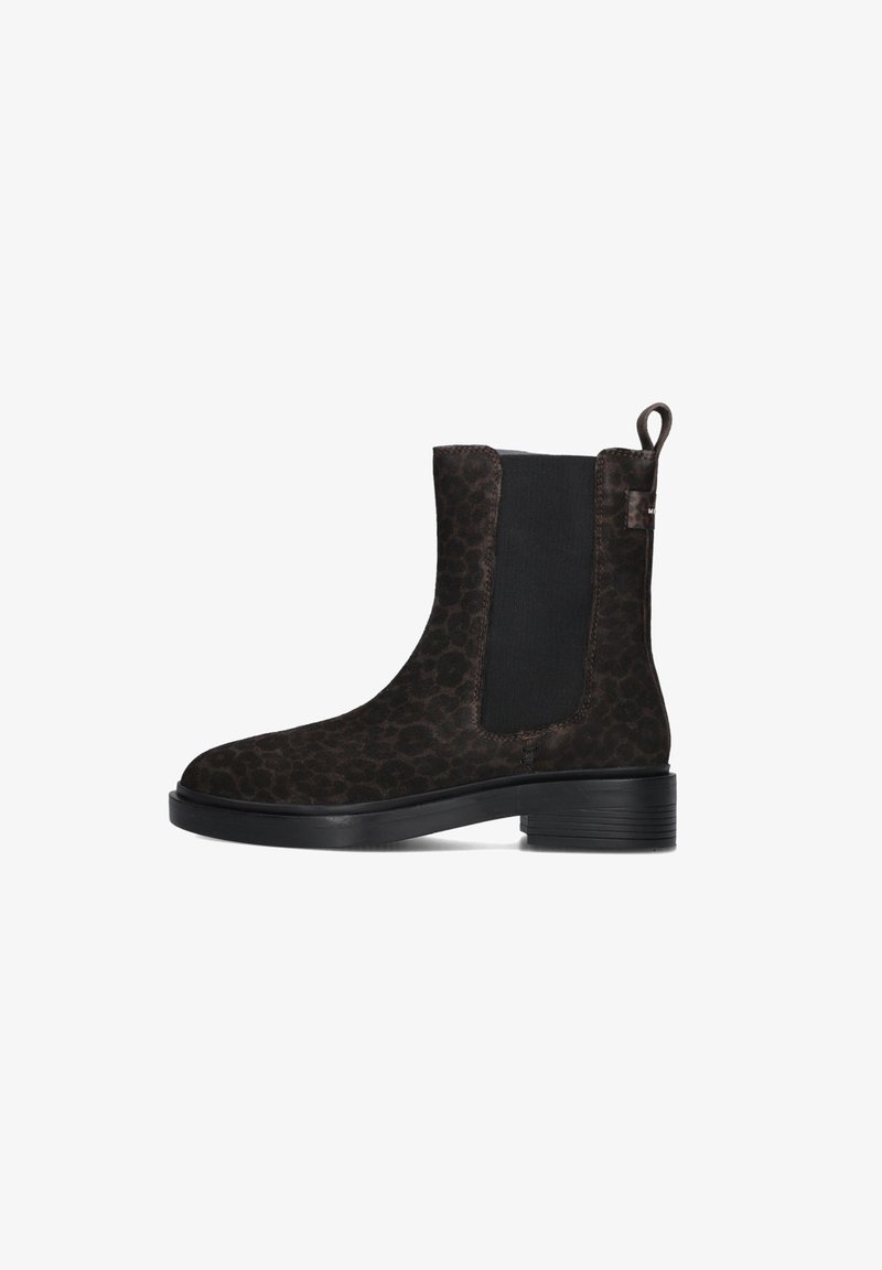 Dark brown ankle boot with subtle leopard print, black elastic side panel, pull tab, and low stacked heel.