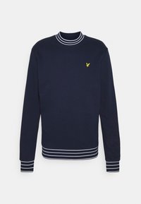 Felpa blu navy con maniche lunghe, colletto e polsini a righe bianche, logo giallo ricamato sul petto, realizzata in tessuto morbido.