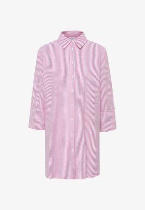 Lyserød og hvid stribet skjorte med knapper og lange ærmer, krave og optrukne manchetter, lavet af letvægtsstof. Har en løs pasform.