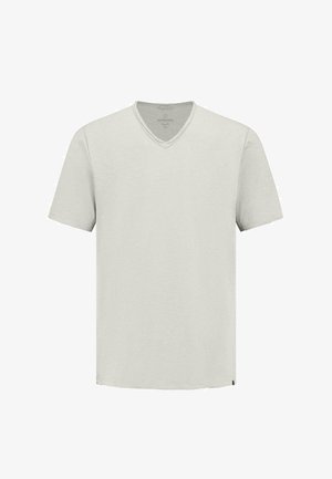 Lys grå v-hals t-skjorte laget av myk bomull; kortermet, rett kant og en subtil tekstur. Har et lite logomerke.