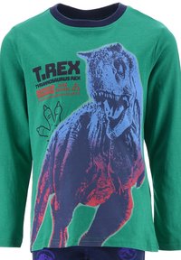 Green long-sleeve shirt featuring a blue T-Rex graphic, black text "T.REX" and red accents, cotton material, round navy collar.