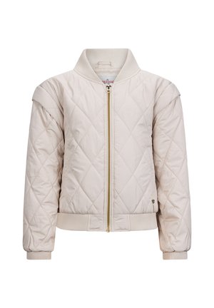 Veste matelassée beige avec fermeture éclair, col et poignets côtelés. Présente des coutures diagonales et un accent de logo sur le bas.