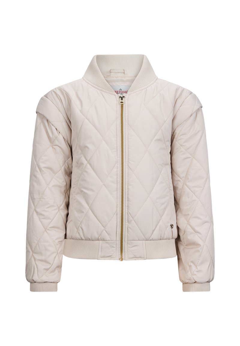 Beige gesteppte Jacke mit Reißverschluss vorne, geripptem Kragen und Bündchen. Mit diagonalen Nähten und einem Logo-Detail an der Unterseite.