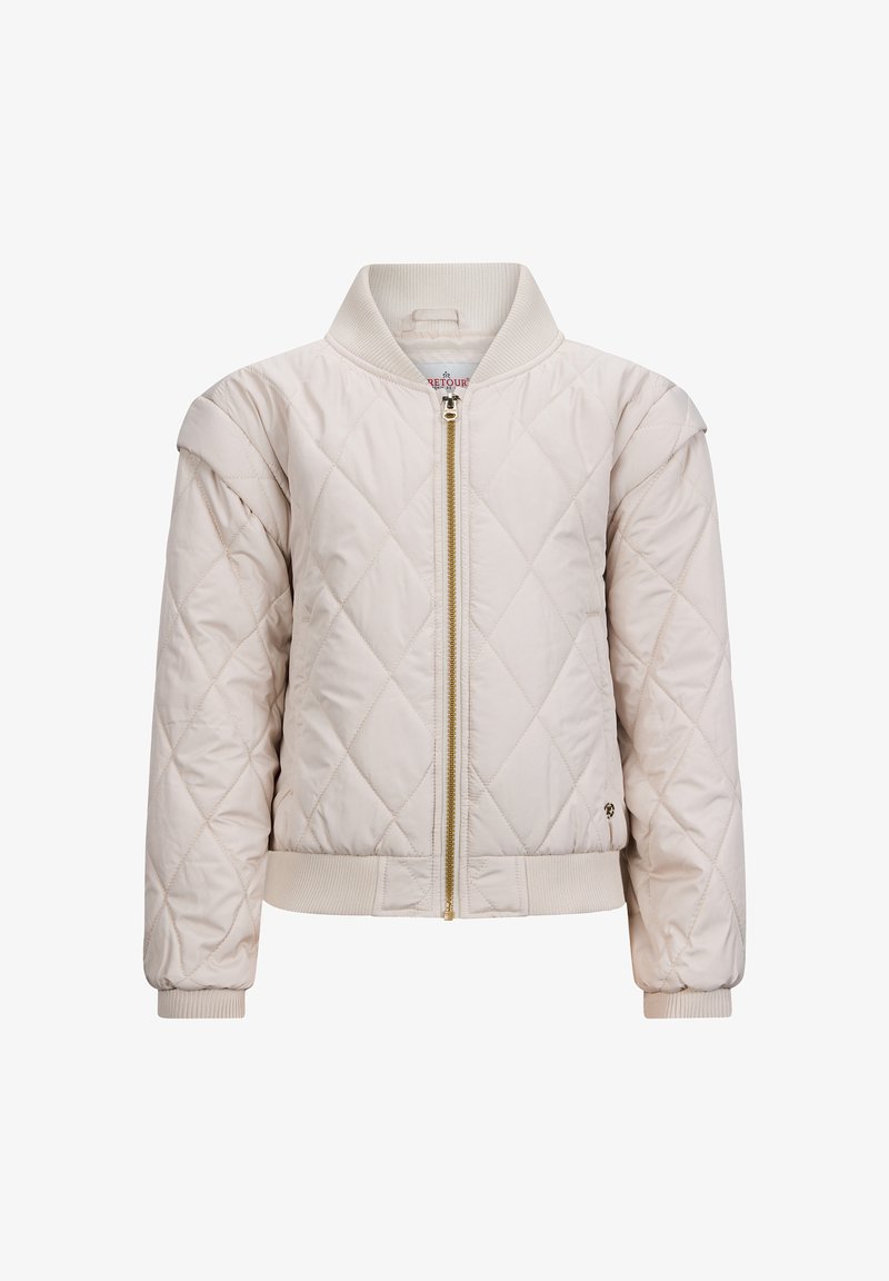 Beige gesteppte Jacke mit Reißverschluss vorne, geripptem Kragen und Bündchen. Mit diagonalen Nähten und einem Logo-Detail an der Unterseite.