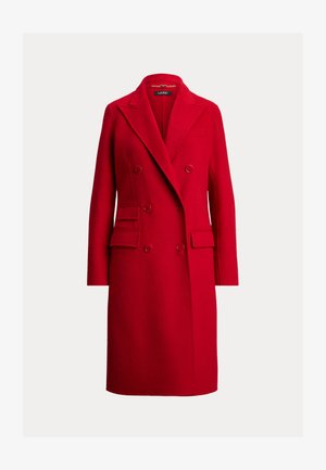 Červený kabát z vlneného zmesi, dvojradový s klopami, obsahujúci dve predné vrecká a gombíkové detaily, s polodlhým strihom.