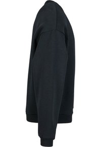 Schwarzes Sweatshirt mit Rundhalsausschnitt, langen Ärmeln und gerippten Bündchen. Glatte Stofftextur und klassischer Schnitt. Seitenansicht.