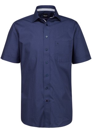 Kurzärmliges Hemd mit Knöpfen in Navy mit geometrischem Muster, hergestellt aus leichtem Stoff, mit klassischem Kragen und Taschendetail.