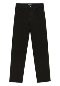 Černé džíny z denimu se rovnýms střihem a pěti kapsami. Obsahují kovové prvky, šité švy a jednoduchou etiketu na pasu.