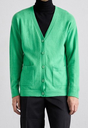 Groene gebreide cardigan met knopen en voorzakken, gedragen over een zwarte coltrui door een persoon die staat tegen een lichte achtergrond.