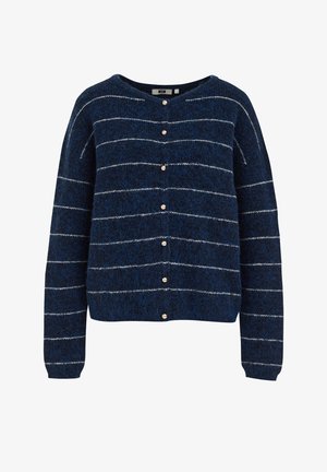 Sinine villane kardigan horisontaalsete valgete triipudega, ümmargune kaelus ja kuldsed nupud ees. Omab pikki varrukaid ja pehmet tekstuuri.