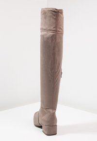 Oberschenkelhohe Stiefel aus Wildleder in Taupe, mit Blockabsatz, glatter Textur und einem Reißverschlussdetail auf der Rückseite, die eine enge Passform bieten.