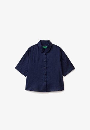 Kurzarmhemd in Marineblau aus leichtem Leinen mit Knopfleiste und klassischem Kragen. Verfügt über eine lockere Passform und eine glatte Textur.