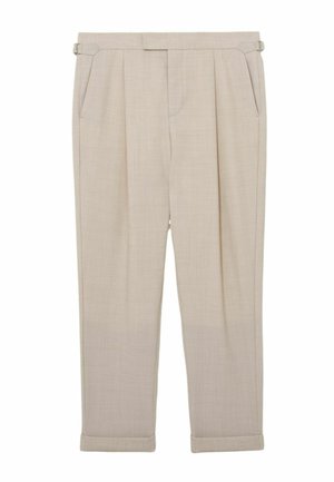 Béžové značkové kalhoty s bočními nastavovacími pásky, záhyby, bočními kapsami a ohrnovacími lemy, zobrazené na plocho na bílém pozadí.