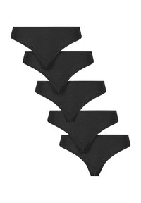 Pakke med fem svarte stringtruser laget av mykt stoff. Hver truse har et minimalistisk design med glatte kanter og en tynn midjebånd.