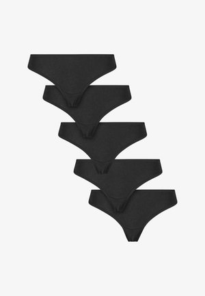 Pack von fünf schwarzen Tanga-Unterhosen aus weichem Stoff. Jedes Paar hat ein minimalistisches Design mit glatten Kanten und einem dünnen Bund.