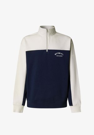 Poollukuga dressipluus kõrge kraega, valge ülaosa ja varrukad, tumesinine kere ning rindkere peal tekst "Notting Hill Pepe Jeans".