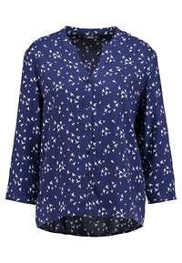 Navy blue blouse with a subtle bird pattern, featuring a button-down front and three-quarter length sleeves. Soft fabric with a relaxed fit.