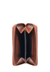 Brown leather wallet with a zip closure, featuring two compartments lined with dark fabric and a structured, rectangular shape.