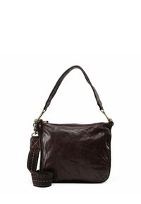 Borsa a spalla in pelle marrone scuro con design piatto, chiusura con zip e tracolla intrecciata staccabile. Texture liscia, stile minimalista.