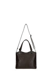 Borsa a mano in pelle marrone con doppio manico, tracolla rimovibile, accessori in argento, superficie liscia e logo del marchio discreto sul davanti.