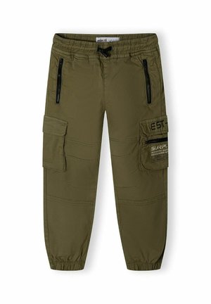 Olivgrüne Cargo-Hosen aus leichtem Material, mit elastischem Bund, Reißverschlusstaschen und seitlichen Cargo-Taschen.