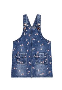 Denim overall dress features a blue fabric with floral patterns in pink and white, adjustable straps, and two front pockets with pleats.