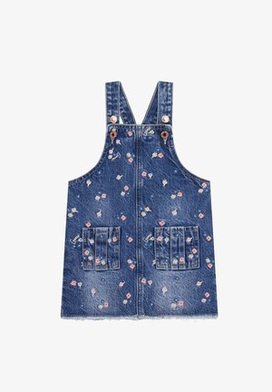 L'abito da salopette in denim presenta un tessuto blu con motivi floreali in rosa e bianco, spalline regolabili e due tasche frontali con pieghe.