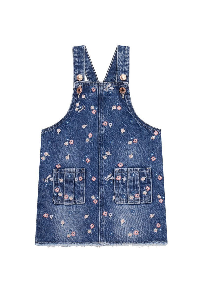 Denim overall dress features a blue fabric with floral patterns in pink and white, adjustable straps, and two front pockets with pleats.