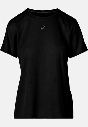 Black athletic t-shirt with short sleeves, featuring a textured geometric pattern, round neckline, and a small logo on the chest.