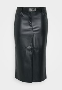 Μαύρη δερμάτινη μίντι φούστα σε γραμμή μολυβιού, με μπροστινό σκίσιμο, κουμπί κλεισίματος και διακριτές ραφές. Λείος και κομψός υφασμάτινος συνδυασμός.