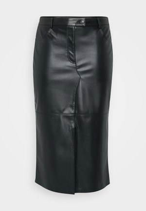 Fekete bőr ceruzaszoknya közepes hosszúsággal, elöl hasítékkal, gombos záródással és diszkrét varrási részletekkel. Simább, selymes textúra.