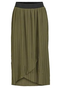 Olivgrön plisserad kjol med asymmetrisk fåll och svart elastisk midja. Tillverkad av lättviktigt material, med vertikala linjer i hela designen.