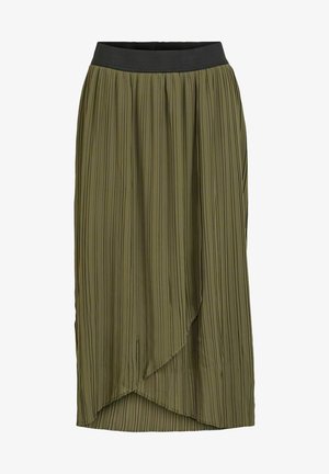 Olivgrön plisserad kjol med asymmetrisk fåll och svart elastisk midja. Tillverkad av lätt tyg, med vertikala linjer genom hela plagget.