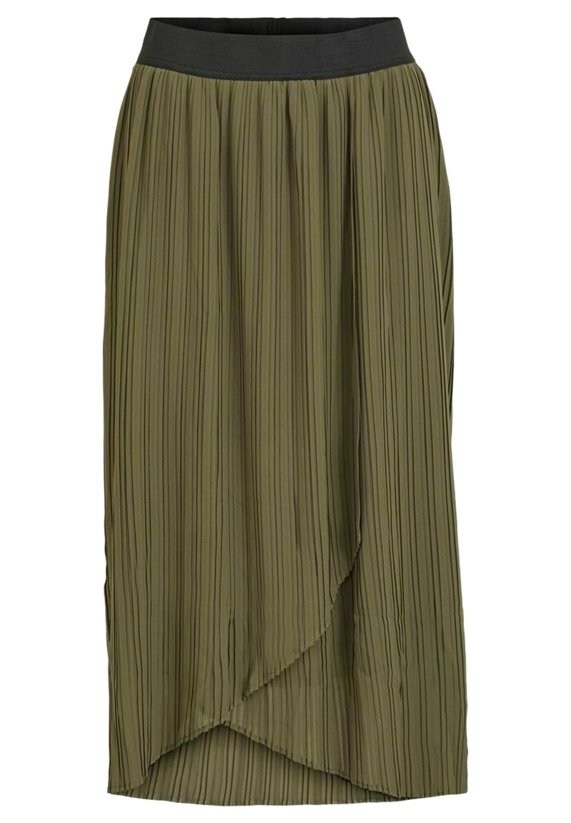 Olivgrön plisserad kjol med asymmetrisk fåll och svart elastisk midja. Tillverkad av lättviktigt material, med vertikala linjer i hela designen.